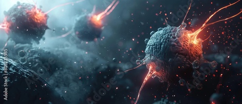 Close-up of a 3D animation of immune system cells fighting off cancer cells, dynamic battle visualization