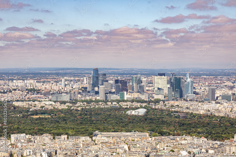 Panoramic view of La Défense is the main business district of Paris, its metropolitan area and the Ile de France region. Bois de Boulogne. Tour Eiffel, Paris, France