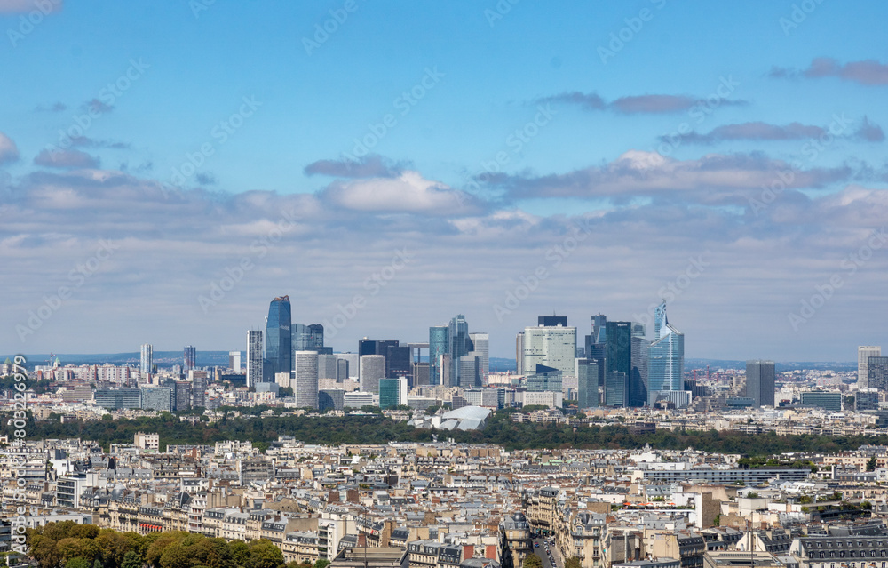 Panoramic view of La Défense is the main business district of Paris, its metropolitan area and the Ile de France region. Bois de Boulogne. Tour Eiffel, Paris, France Panoramic view of La Défense is the main business district of Paris, its metropolitan area and the Ile de France region. Bois de Boulogne. Tour Eiffel, Paris, France