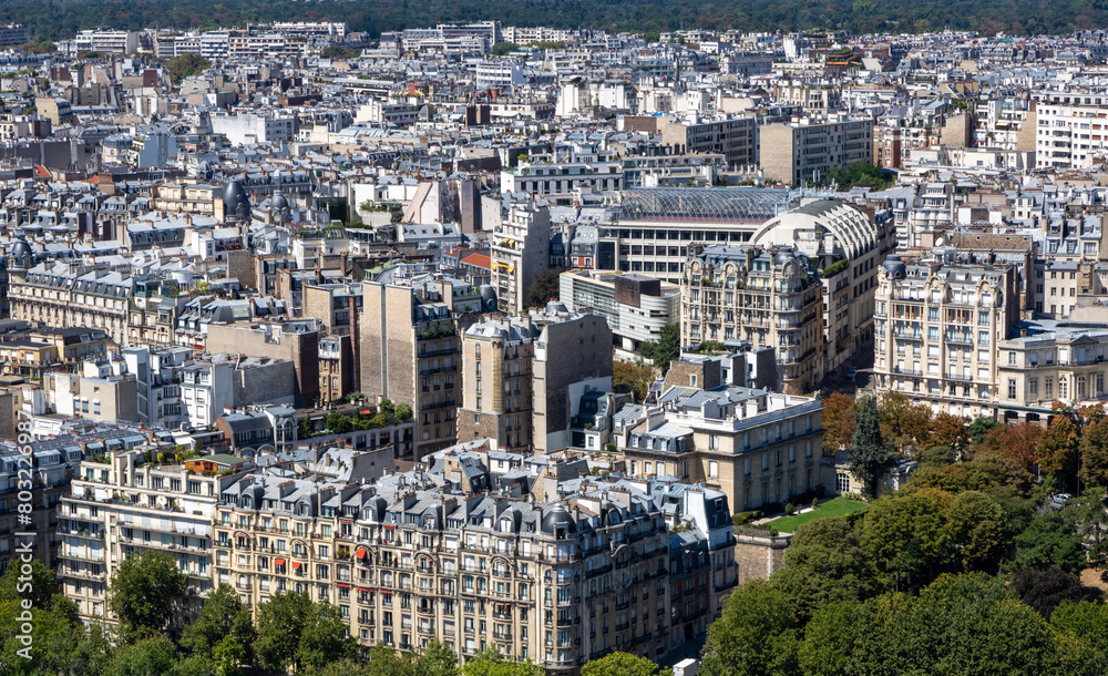 Panoramic view of the roofs of the buildings around the Tour Eiffel and Seine river, Paris, France.