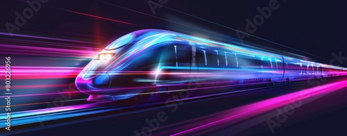 A high-speed train in motion is depicted against a black background with neon lights on the sides of its body. The design includes a white outline around each light for enhanced visibility and depth.