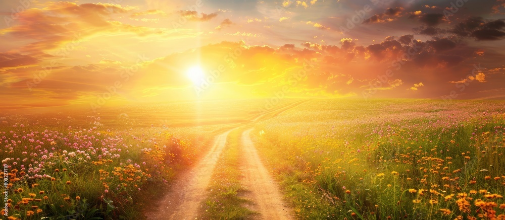 Background concept of travel - a road in a flowering spring meadow at sunset Background concept of travel - a road in a flowering spring meadow at sunset
