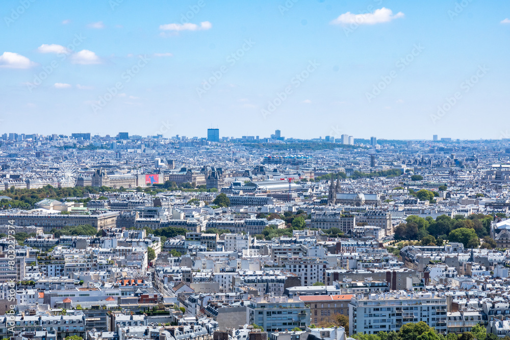 Panoramic view of the roofs of the buildings around the Tour Eiffel and Seine river, Paris, France.