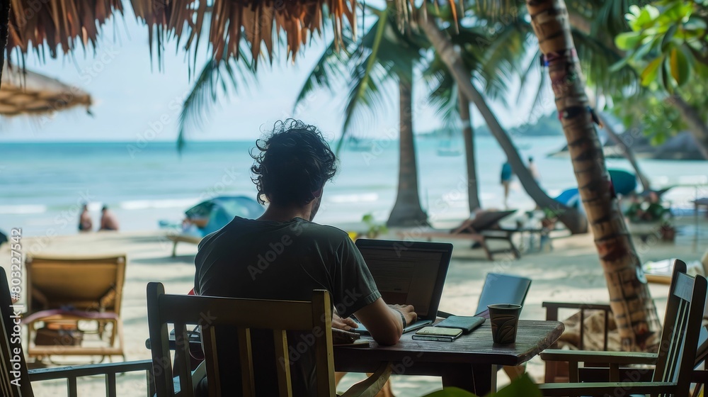 Digital nomad working on a travelogue at a beachside cafe, blending work, travel, and reading