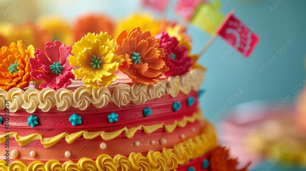 Detailed shot of a Cinco de Mayo themed decorated cake with edible marigolds and mini flags