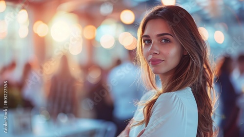 Craft an image of a businesswoman standing gracefully at a networking event