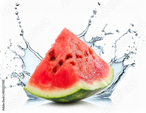 Sliced watermelon water splash. Isolated on white background, clipping path, juicy fruits, summer fruits
