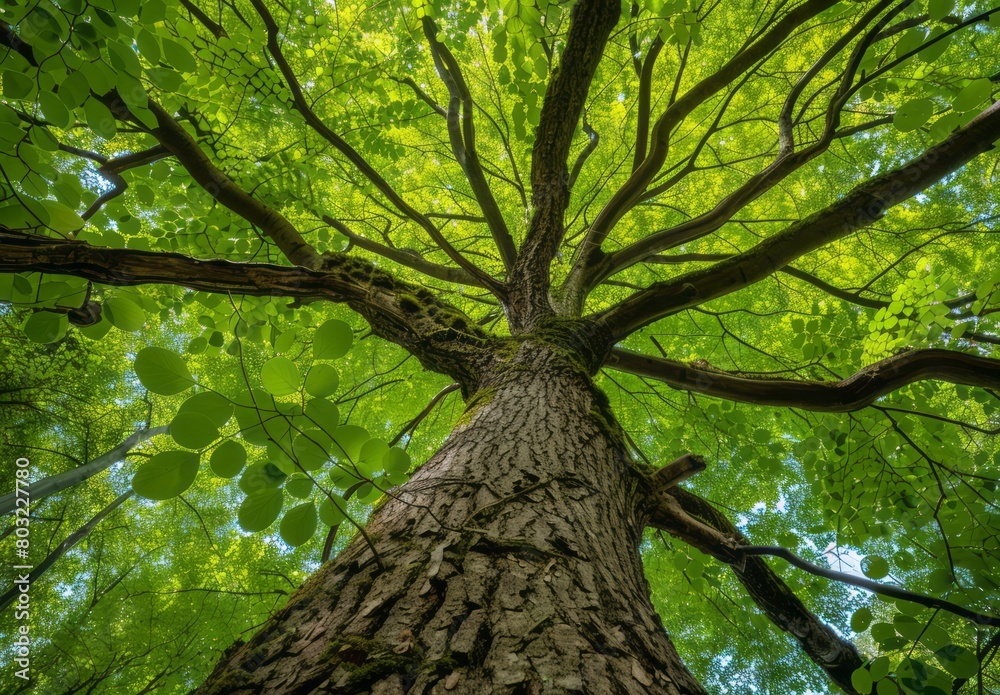 Fototapeta premium A tree with lush green leaves, viewed from the perspective of looking up at its canopy, symbolizing growth and vitality in nature