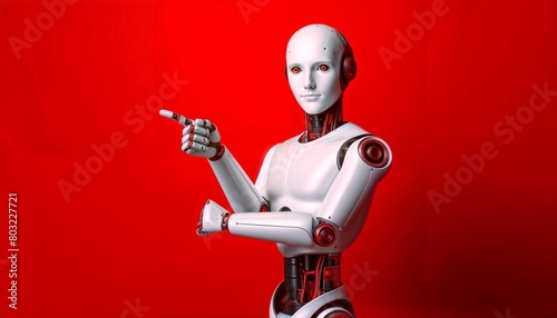 White Robot Pointing at Something on Red Background