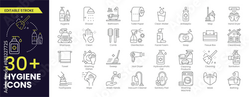 Hygiene Stroke icon collections. Containing cleaning, disinfection, soap, bathing, sweep, shower, washing hands, clean and sanitation icons. Cleanliness concept. Stroke icon collection Outline icon photo