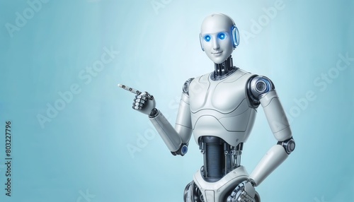 White robot with blue eyes pointing at copyspace
