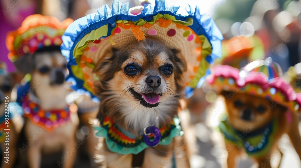 Chihuahua dogs in miniature Mexican hats at a playful Cinco de Mayo pet parade