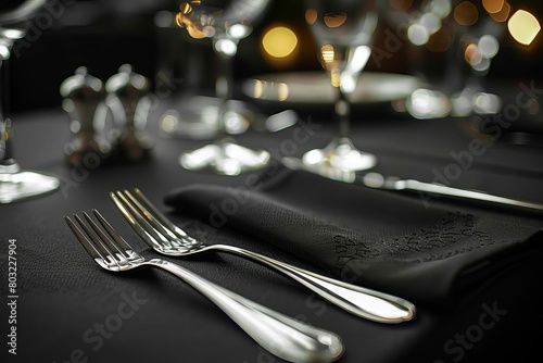 luxurious table setting with glistening cutlery on black tablecloth elegant dining concept
