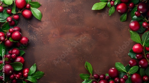 Bright red cranberries with lush green leaves on a textured brown background with copy space.