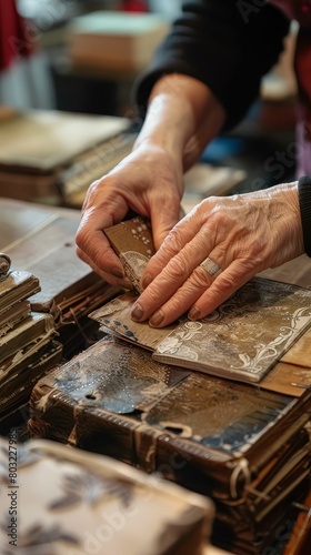 Bookbinding workshop, hands carefully crafting homemade books, art and tradition