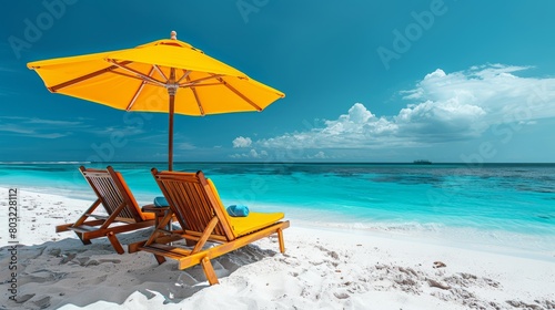 Tropical beach vacation product display with copy space and summer essentials on sandy background