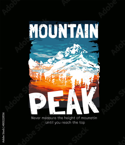 mountain peak slogan with mountain silhouette on sunset background hand drawn vector illustration