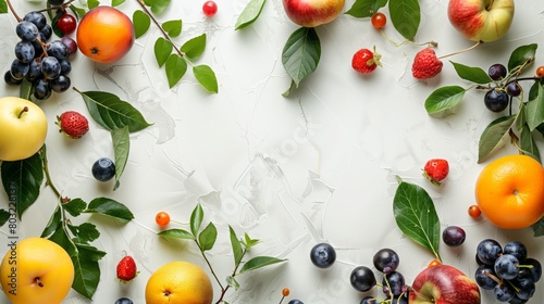 Assorted fresh fruits and berries with leaves on a textured white background, with ample copy space.