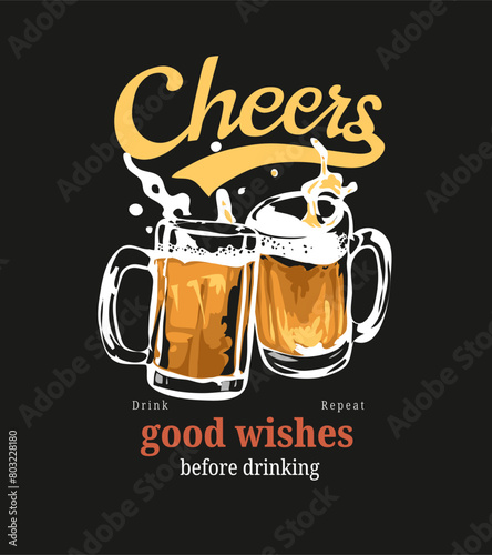 cheers slogan with beer mugs splash hand drawn vector illustration on black background