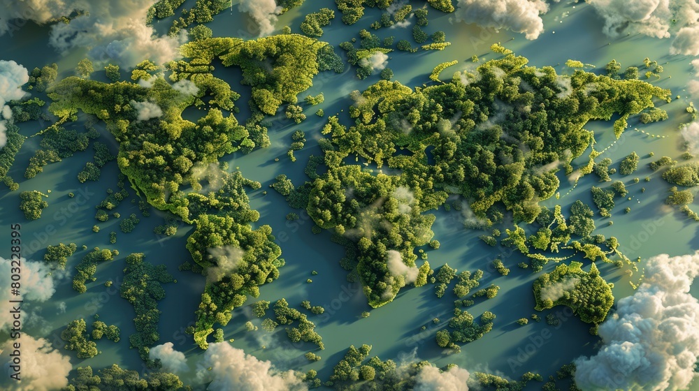 A world map made of green forest, seen from above, with clouds and lakes in the background