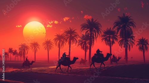 Craft an image of a desert caravan passing by a cluster of palm trees