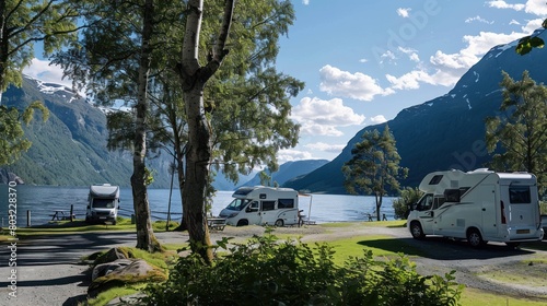 Camper van recreational vehicles (RV) parked at norwegian campsite on a fjord coast