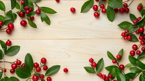Decorative border of fresh red cherries with leaves on light wooden background  with space for text.