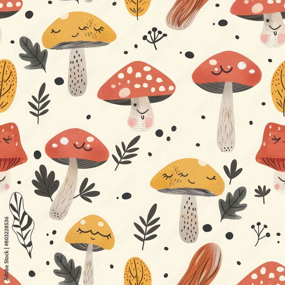 A seamless pattern of cute cartoon mushrooms with smiley faces, surrounded by leaves and foliage on a cream background. A seamless pattern of cute cartoon mushrooms with smiley faces, surrounded by leaves and foliage on a cream background.