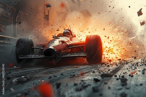 The heart-stopping moment of a racing car narrowly avoiding a collision as it swerves to miss debris on the track, the driver's reflexes pushed to the limit photo