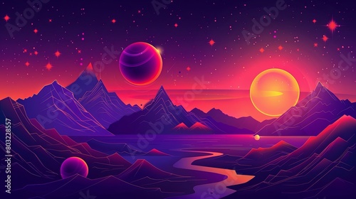 neon planets with purple and orange colors creating an epic scene featuring mountains and glowing light effects in the vector art style using simple shapes and a 2d design with flat colors