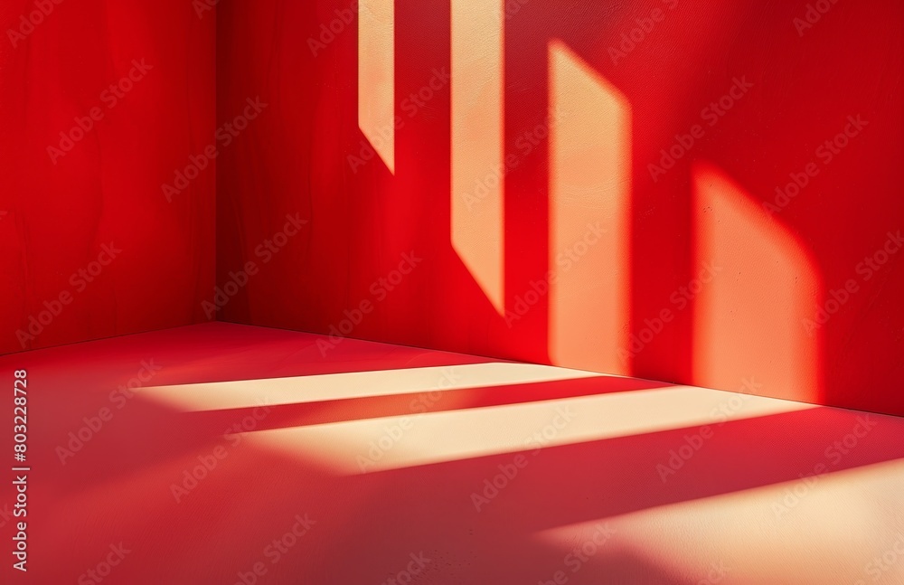Red background, abstract shadow on the wall, empty space for product display or presentation. Shadow on the wall in the style of abstract. Empty space for product display or presentation.