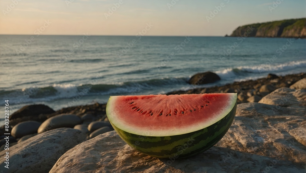 Sunset illuminating a slice of watermelon placed on a rock at the water's edge Sunset illuminating a slice of watermelon placed on a rock at the water's edge