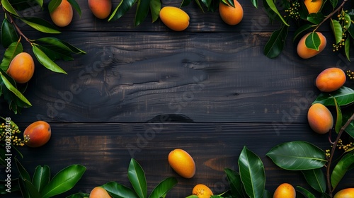 Fresh mangoes and leaves artistically arranged on a dark wooden background with abundant copy space.