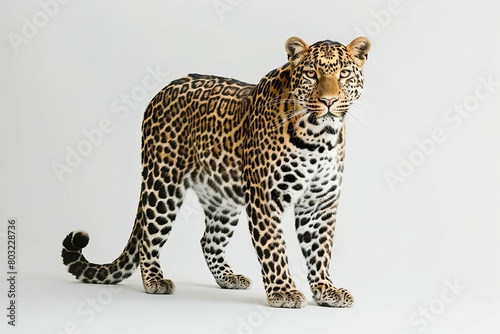 majestic leopard standing proudly and gazing directly at camera against clean white studio backdrop panthera pardus portrait wildlife photography 1