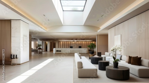 Modern Minimalist Lobby Interior with Skylight Natural Light.