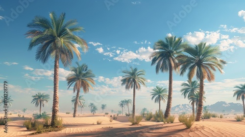 Craft an image of a desert oasis oasis with palm trees swaying in the gentle breeze © Supasin