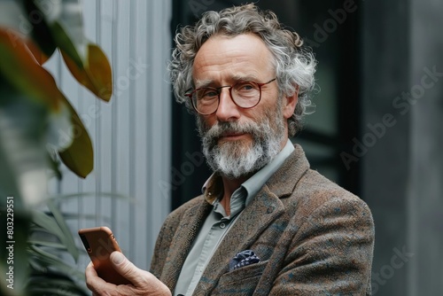 mature professional businessman concentrating on smartphone lifestyle portrait
