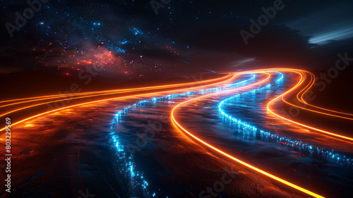 Light streaks forming road: Illuminated journey.generative ai