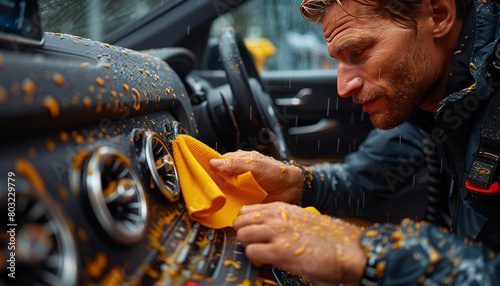 A man is cleaning a car interior with a yellow microfiber cloth,generative ai
