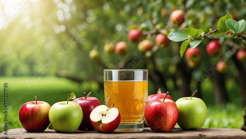 A glass of apple juice sits on a wooden table in an orchard. There are several apples sitting next to the glass and an apple tree with green and red apples in the background.

