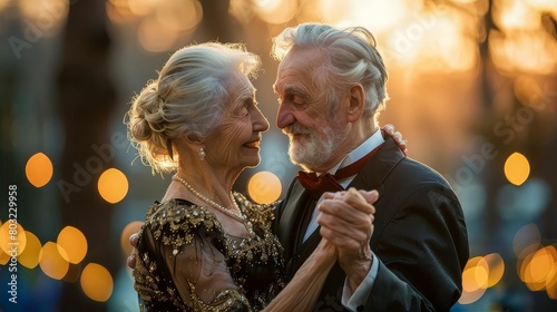 An elderly couple dancing through different historical eras in a timetraveling waltz