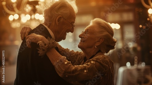 An elderly couple dancing through different historical eras in a timetraveling waltz photo