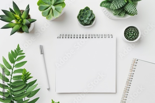 A notepad, pen, small plant, and cup of coffee arranged neatly on a desk