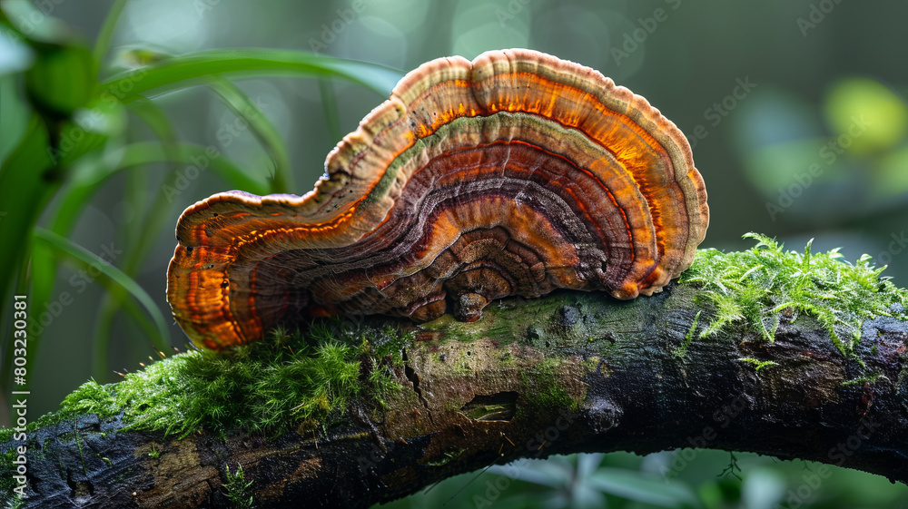 A magazine cover photo featuring a large brown Ganoderma lucidum (reishi mushroom) situated on an isolated branch covered with moss.generative ai A magazine cover photo featuring a large brown Ganoderma lucidum (reishi mushroom) situated on an isolated branch covered with moss.generative ai