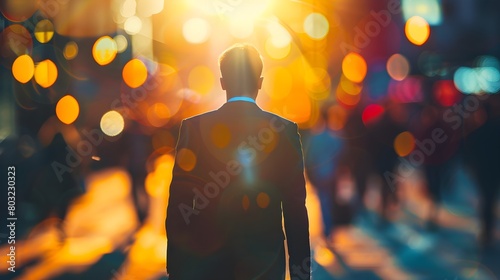 back view of a confidence businessman a modern urban street  surrounded by bokeh effects photo