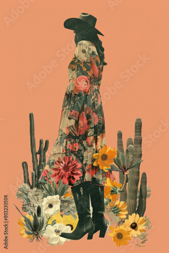 Western woman with cowboy boots, a floral dress and a black hat standing among cacti and flowers. Vintage collage and illustration. Cowboy Core. 