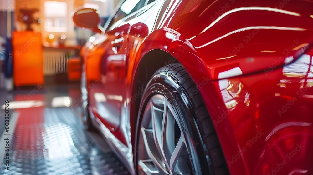Red Luxury Car Undergoing Meticulous Detailing in Automotive Repair Garage