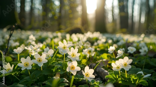 Beautiful white primroses in spring in the forest close-up in sunlight in nature. Spring forest landscape with blooming white anemones and trees.