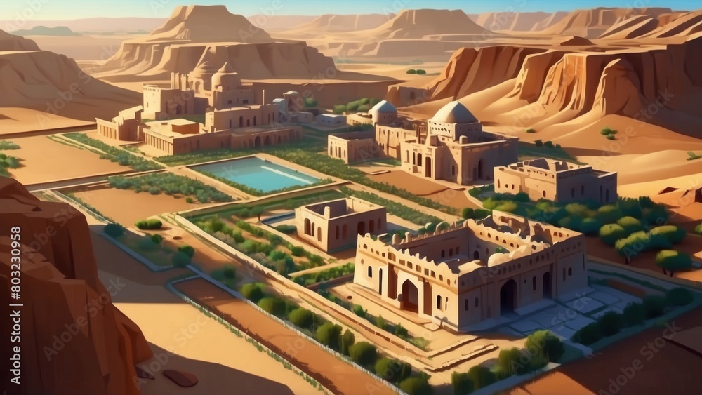 Village in the Canyon, game cartoon style Village in the Canyon, game cartoon style