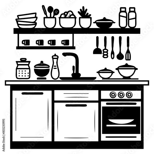 Black and White Kitchen Interior Illustration © Plumeria